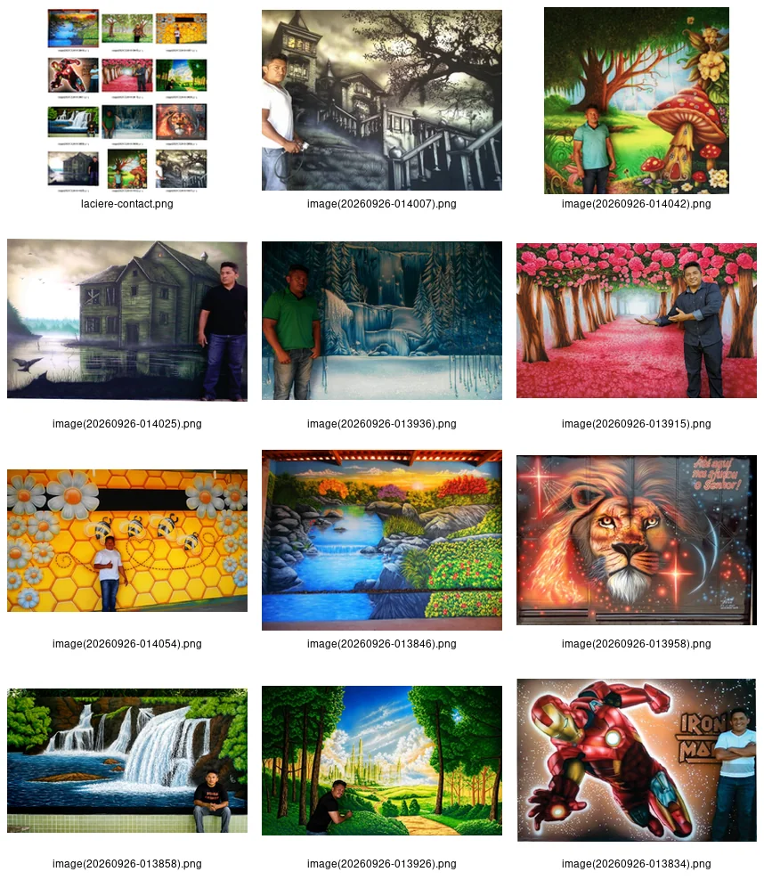 Jardim ilustrado com árvores floridas e o artista à frente.